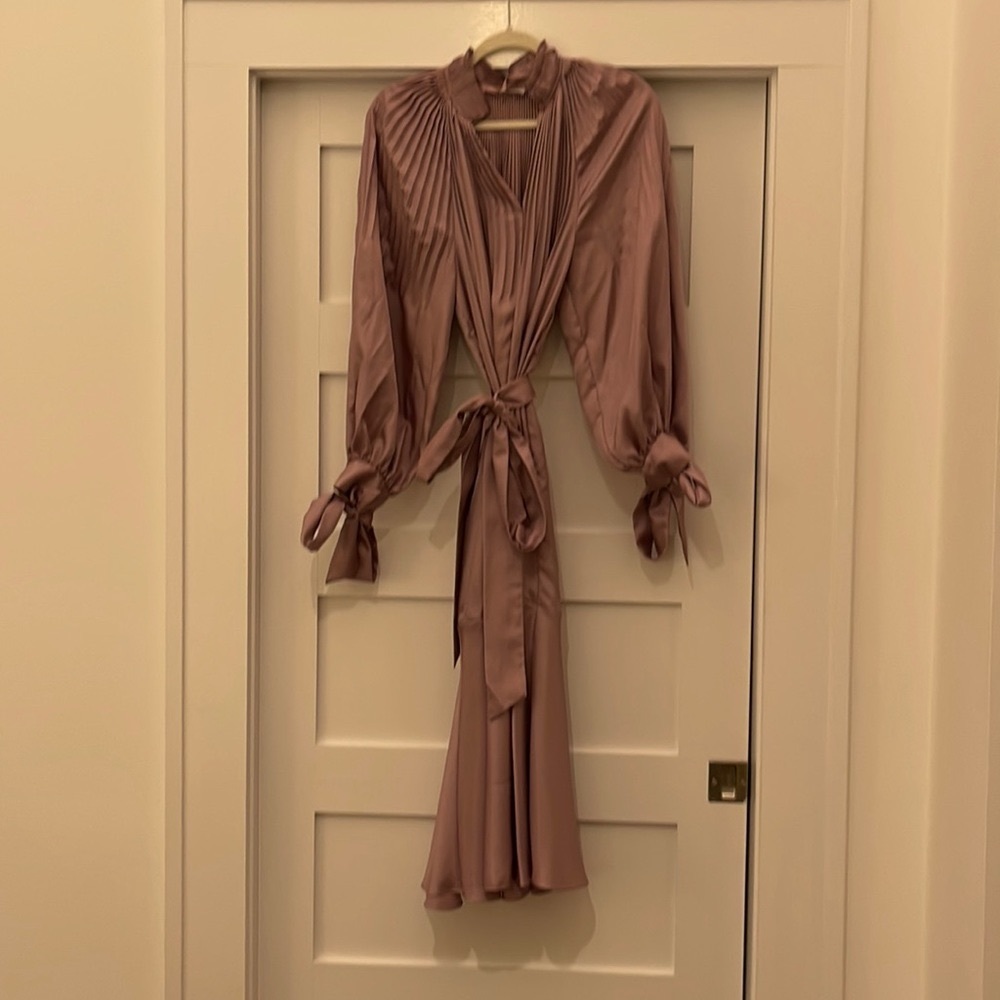 Tibi Pleated Dress with Waist Tie and Ties on Sleeves